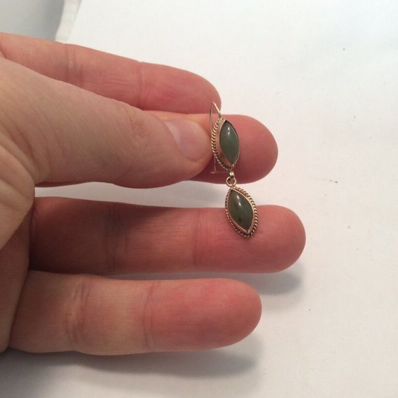 14k Real Yellow Gold Natural Jade Drop Hanging Lady Earrings 3.70gr - Picture 4 of 8